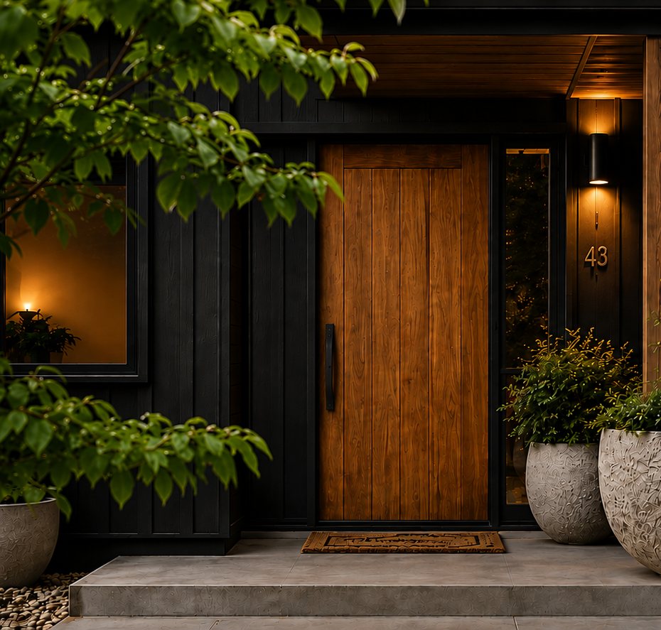 A lit front door at dusk on a dark board-and-batten house, with planters either side.